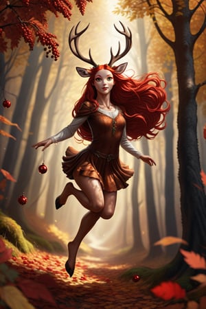   a woman with deer antlers, dynamically jumping, with luminous eyes and long red hair, her body is covered with ornaments - autumn leaves and red rowan berries, deep shadows and rich light, fantasy, forest autumn background