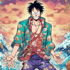 High quality anime digital image of MAN Nami in One Piece anime style, with a charming and mischievous expression, wearing an open shirt, tight pants and Clima-Tact, showing off a toned and slender physique, bright and dynamic colors. , detailed treasure map or tropical island background