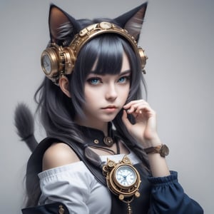 magic God of times girl, cat ears, holding a mechanical watch in her hand