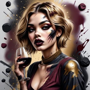  unrealistically beautiful girl scatters into pixels, disintegration, grunge decorations, beautiful complex makeup, parted lips, charismatic look, fashionable pose, fine ink drawing, coal black, wine, gold, khaki, ocher, drawing of details, hyperphotorealism, hyperdetailed, many details, design, high fashion.