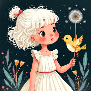 A bright whimsical illustration of a 5 year old girl with white curls, bangs, wearing a white ruffled dress and a print of a cute bird with naughty feathers and polka dot wings, holding a dandelion in the air and blowing on it. The bird is depicted as happy and stupid. The background is airbrushed and textured with pops of lavender, turquoise, black, pink and cream with some glitter thrown in. dark background