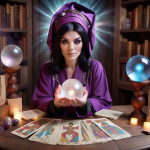  Generate an image of a female fortune teller facing forward, looking at the viewer. She is wearing a robe. In front of her is a wooden table with a crystal ball and scattered tarot cards. The background is lined with books, creating a mystical atmosphere.