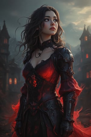  
beautiful european girl in gothic camisole, leather datalized armor with red tint, against the background of a medieval abandoned village, ghostly shimmer on the armor red backlight, in the style of van helsing. Ray tracing, cinematic lighting, trends on artstation