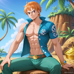 High quality anime digital image of MAN Nami in One Piece anime style, with a charming and mischievous expression, wearing an open shirt, tight pants and Clima-Tact, showing off a toned and slender physique, bright and dynamic colors. , detailed treasure map or tropical island background