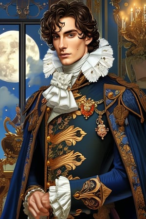 A detailed illustration of Prince Florizel, a noble and adventurous character from Robert Louis Stevenson's stories. He is depicted as a tall, handsome man with aristocratic features, wearing 19th-century European royal attire—a richly embroidered dark velvet coat with gold details, a white silk shirt with ruffled cuffs, and a flowing royal blue cape. He has a confident yet enigmatic expression, with a slight smile on his lips. The background is a lavish European-style interior with elegant furniture, dim lighting, and a large window showing a night sky with a full moon.