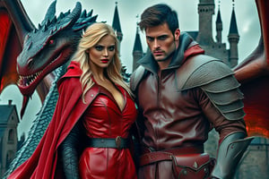  A masterpiece of photographic painting, ultra-high detail, epic and fantasy, a portrait of a pair of fantastic characters (a brunette man and a blonde woman) in close-up, together with a huge mighty dragon, in a medieval setting with Gothic architecture, a detailed image of a female sparkling dress, similar to the scales of a dragon, and a man's athletic torso, complemented by bright red raincoat and leather accessories. Together they create the image of lovers and brave heroes.