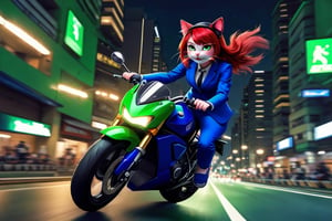 A girl, red hair, cat ears on her head, wearing a helmet, (in a blue suit), ((on a green sports motorcycle)), rides at high speed through the city at night