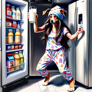 on white background watercolor acrylic casual pose woman with long dark hair standing in front of open refrigerator fantasy art towel on head realistic female face inspired by sheila mcclean she holds glass of milk disney style art in colorful pajamas inspired by sheila beckett drinking puppy jumping from floor