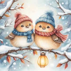  2 small, very fluffy, cute, cartoon birds, round, bullfinches, on a snow-covered rowan branch, in a scarf and a hat with a pompom, a lantern hangs on the branch, snowflakes are falling, high quality, clear drawing of details, clear focus, high detail, complex details, airy, watercolor