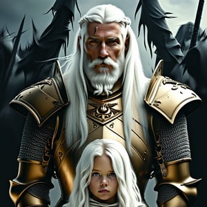 A highly detailed fantasy book cover depicting a 40-year-old medieval warrior with shoulder-length white hair and a braided beard, wearing intricate medieval armor. He stands protectively in front of a 4-year-old girl with long white hair and heterochromatic eyes-one silver, one gold. The girl is slightly behind the warrior, looking both innocent and strong. Dark, shadowy black arms reach out from the background, trying to grab her. The atmosphere is tense and mystical, with a stormy, otherworldly backdrop. The lighting is cinematic, with dramatic contrasts and high detail. —ar 9:16 —quality 2 —v 6.1