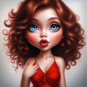   Photorealistic oil painting done in airbrush technique depicting a woman in cartoon chibi style, with tousled textured curly reddish-brown hair, big blue eyes, wearing a red dress and black strappy heels. She is blowing a kiss. On a white white background