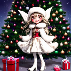  winter fairy tale, cartoon image of a girl elf with a big head, thin body, long legs in white felt boots, big otherworldly cheerful eyes, smiling, sad ears, long tousled hair, Russian kokoshnik, white fur coat and Russian traditional dress, against the background of a Christmas tree with a gift, high resolution, rich color palette, Hdr