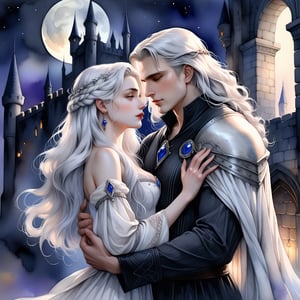 watercolor noir couple of white man and woman standing next to each other, beautiful fantasy style portrait, Magali Villeneuve style, long smooth white hair, lovers, incredibly beautiful image, hugging, son of the night, long gray hair leading to a beautiful couple, crazy white hair, looking in your direction, midnight castle