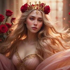 fantasy, woman, detailed face, flowing hair, flowing dress, golden crown, red roses, soft lighting, dreamy, romantic, magical, ethereal, warm color palette, gold, red, pink