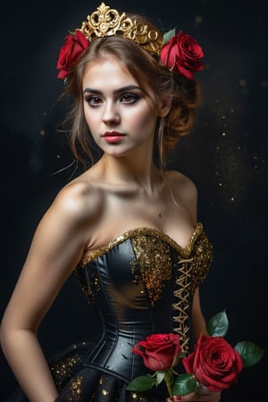 watercolor acrylic Russian woman with red roses in her hair, roses with gold sparkles, model 5 0 0 px, black silk dress with gold sparkles, corset, half-turn look, Nikon d 8 5 0 camera, black intense eyes, random pose, dark background