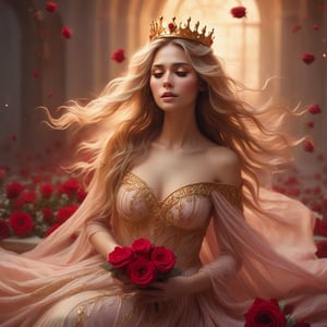 fantasy, woman, detailed face, flowing hair, flowing dress, golden crown, red roses, soft lighting, dreamy, romantic, magical, ethereal, warm color palette, gold, red, pink