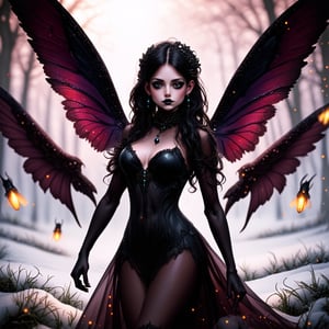 Dark fantasy. Dark Fairy, mistress of dark forces, detailed facial features, large transparent dark wings with small black pearls. Stands on fluffy snow covered with bright spots of burgundy paint. Fireflies fly around. Extreme detail. High definition image. Wallpaper.