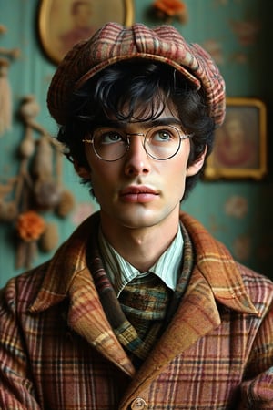 A detailed, whimsical portrait in the style of Wes Anderson, featuring a quirky figure with a thoughtful expression on their detailed face. The subject is dressed in meticulously curated, vintage-inspired attire that exudes a sense of nostalgia and eccentricity. The scene is set in a carefully crafted, almost dollhouse-like environment, with symmetrical compositions and a rich, warm color palette. The photograph is captured using a film camera, such as an Arriflex with anamorphic lenses, to achieve the characteristic Wes Anderson visual style. The background includes intricate, whimsical details such as vintage props, patterned wallpaper, and carefully placed objects, creating a sense of melancholic nostalgia and a touch of the surreal