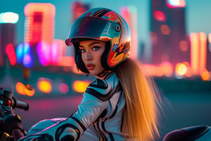  full length,night neon photo shoot on Tarsse in the city in full growth, young, charismatic, attractive, charming blonde 18 years old, long straight hair, blue eyes, posing with a sports motorcycle in a closed parking lot, dynamic poses, ideal slim figure, thin waist, beautiful breasts, slim legs, dressed in a white tight latex motorcycle suit, high motorcycle boots, a woman's elegant motorcycle helmet in her hands, good light, excellent photo quality, different angles, blurred background, bokeh: 1.2, neon skyscrapers in the background, dynamic characters, action-oriented scenes, gta loading, screen art, gta chinatown art style, Volumetric Lighting, photorealistic, Photographic, race queen, young, medium breasts, Full lips, tan lines, model, slender, glamor, seductive smile,