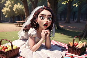 playful bride on a picnic, featuring a cinematic stop-motion shot, amusing expression, exaggerated features, detailed clothing, textured shading, bold outlines, soft lighting, playful atmosphere, dynamic pose, expressive eyes, vibrant color palette