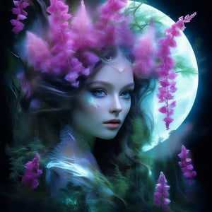  fantasy art,
double exposure,
foxglove flowers,
forest maiden with clear gray eyes, long fluffy eyelashes
moss, curved trees, moon, california bird,
fairy tale,
double exposure, mother of pearl, neon, detailing,
HDR