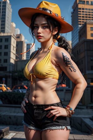 masterpiece, best quality, highly detailed background, perfect lighting, best quality (extremely detailed face), volumetric lighting, intricate details, shadows, tone mapping, sharp focus, hyper detailed, trending on Artstation, (only)
BREAK
(1girl, black hair, medium hair, ponytail, female focus, cute curvy woman, black eyes, (tattoo on left arm))
BREAK
(yellow bikini top, micro shorts, bracelets, (sleeveless), orange hat), ((curvy waist))
BREAK
(outdoor, city, sky background)
BREAK
(standing, looking away, mouth closed, hands on hips)