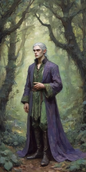 Amaeael is a young male Preoccupied delicate wandering elf, dressed in deep purple and green-gray, with delicate and finely chiseled features, Dark Grey eyes, long, shoulder length pale green hair, Fair skin, with pointed ears, high cheekbones, Small nose, High forehead, Full lips and Facial scar, art by klimt in the style of Phillippe Druillet in a forest,painting