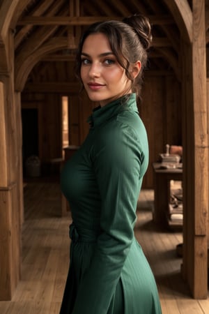 photo, rule of thirds, black hair, green eyes, Bun Curls hairstyle, detailed face, detailed nose, Full length photo of a beautiful muscular woman in a mage outfit, smirk, intricate background, She stands inside a richly furnished medieval wood house

