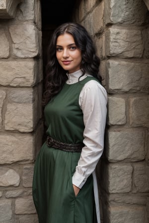 photo, rule of thirds, black hair, green eyes, Mid-Length Curls hairstyle, detailed face, detailed nose, Full length photo of a beautiful muscular woman in a mage outfit, smirk, intricate background, She stands inside a richly furnished medieval stone house

