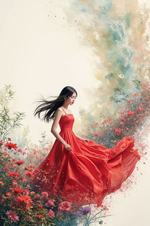 A mystical realm unfolds: a silhouette of a curious petite Asian girl with long black hair with delicate features stands out against a radiant white background. She is wearing a long red traditional dress with flowy ends. She swirls with her dress capturing her movement. She is looking down and smiling. Flowers burst in the scene that mixes with the mystical landscape. A fantastical landscape, reminiscent of Studio Ghibli's whimsy, lies in the distance. Mix of flowers, and bamboo fills the periphery of the frame. Vibrant hues of emerald and amethyst dance in the forefront, as if illuminated by an ethereal glow. The composition is framed by a subtle double exposure effect, creating an enchanting atmosphere of depth and dimensionality. There are splatter of paint in various colours around the frame, enhancing the abstract nature of the painting. Auguste Renoir ~ Paul Peel ~ John Singer Sargent ~ Alexandre-Jacques Chantron ~ John William Godward ~ John William Waterhouse ~ Han-Wu Shen ~ Ishitaka Amano ~ Chakrapan Posayakrit ~ Kim Jung Gi ~ Kei Mieno ~ Ikushima Hiroshi ~ WLOP ~ William-Adolphe Bouguereau ~ Alphonse Mucha ~Luis Royo ~ Range Murata ~ Jock Sturges photography ~ David Hamillton photography ~ Rustic Sketchbook Style, Sketch Book, Hand Drawn, Dark, Gritty, Realistic Sketch, Rough Sketch, Mix of Bold Dark Lines and Loose Lines, Bold Lines, On Paper, Turnaround Character Sheet, Natural Light, Dynamic, Highly Detailed, Watercolor Painting, Watercolor Paper, Artstation, Concept Art, Smooth and Crisp, Sharp Focus, Illustration, Goth girl,sparkles