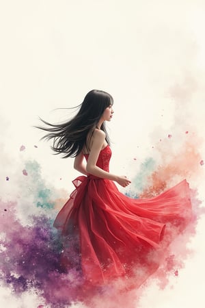 A mystical realm unfolds: a silhouette of a curious petite Asian girl with straight long hair with wispy locks and delicate features stands out against a radiant white background. She is wearing a long red qipao with flowy ends. She swirls with her dress capturing her movement. She smiles to herself. A fantastical landscape, reminiscent of Studio Ghibli's whimsy, lies in the distance. Vibrant hues of emerald and amethyst dance in the forefront, as if illuminated by an ethereal glow. The composition is framed by a subtle double exposure effect, creating an enchanting atmosphere of depth and dimensionality.Auguste Renoir ~ Paul Peel ~ John Singer Sargent ~ Alexandre-Jacques Chantron ~ John William Godward ~ John William Waterhouse ~ Han-Wu Shen ~ Ishitaka Amano ~ Chakrapan Posayakrit ~ Kim Jung Gi ~ Kei Mieno ~ Ikushima Hiroshi ~ WLOP ~ William-Adolphe Bouguereau ~ Alphonse Mucha ~Luis Royo ~ Range Murata ~ Jock Sturges photography ~ David Hamillton photography ~ Rustic Sketchbook Style, Sketch Book, Hand Drawn, Dark, Gritty, Realistic Sketch, Rough Sketch, Mix of Bold Dark Lines and Loose Lines, Bold Lines, On Paper, Turnaround Character Sheet, Natural Light, Dynamic, Highly Detailed, Watercolor Painting, Watercolor Paper, Artstation, Concept Art, Smooth and Crisp, Sharp Focus, Illustration, Goth girl,sparkles