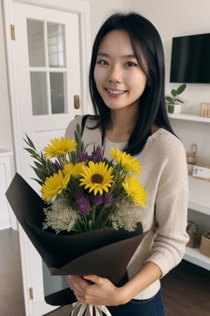 Young Asian woman in her 20s with long dark brown or black hair smelling a flower bouquet at home.