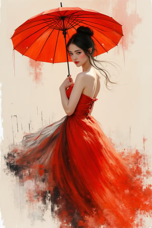 a painting of a petite Asian woman holding a red umbrella, in the style of fluid dynamic brushwork, textured canvas, graceful balance, dark orange and white, whirly, i can't believe how beautiful this is, energetic street artist,Auguste Renoir ~ Paul Peel ~ John Singer Sargent ~ Alexandre-Jacques Chantron ~ John William Godward ~ John William Waterhouse ~ Han-Wu Shen ~ Ishitaka Amano ~ Chakrapan Posayakrit ~ Kim Jung Gi ~ Kei Mieno ~ Ikushima Hiroshi ~ WLOP ~ William-Adolphe Bouguereau ~ Alphonse Mucha ~Luis Royo ~ Range Murata ~ Jock Sturges photography ~ David Hamillton photography ~ Rustic Sketchbook Style, Sketch Book, Hand Drawn, Dark, Gritty, Realistic Sketch, Rough Sketch, Mix of Bold Dark Lines and Loose Lines, Bold Lines, On Paper, Turnaround Character Sheet, Natural Light, Dynamic, Highly Detailed, Watercolor Painting, Watercolor Paper, Artstation, Concept Art, Smooth and Crisp, Sharp Focus, Illustration, Goth girl,sparkles