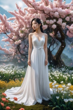 Ultra realistic, 4K, full body, 1girl, asian, a woman surrounded by flowers, surreal scene, dreamscape, She is dressed in an elegant white dress, masterpiece,best quality,very aesthetic, (breasts: 0.1), 