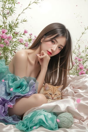 Ultra high definition, 8k, A mystical realm unfolds: a petite Asian lady with long hair and a flowy dress leans on a heavily cushioned bed with silky covering with her tabby cat playing playing comfortably on her dress with a ball of yarn beside it. All these contrast against a radiant white background. Her hair and her dress flow with the wind with grace and elegance. Flowers burst in the scene that mixes with the mystical landscape. She gazes at the viewer and smiles warmly. A fantastical landscape, reminiscent of Studio Ghibli's whimsy, lies in the distance. Bamboo forest fills the periphery of the frame. Vibrant hues of emerald and amethyst dance in the forefront, as if illuminated by an ethereal glow. The composition is framed by a subtle double exposure effect, creating an enchanting atmosphere of depth and dimensionality. There are splatter of paint in various colours around the frame, enhancing the abstract nature of the painting. Auguste Renoir ~ Paul Peel ~ John Singer Sargent ~ Alexandre-Jacques Chantron ~ John William Godward ~ John William Waterhouse ~ Han-Wu Shen ~ Ishitaka Amano ~ Chakrapan Posayakrit ~ Kim Jung Gi ~ Kei Mieno ~ Ikushima Hiroshi ~ WLOP ~ William-Adolphe Bouguereau ~ Alphonse Mucha ~Luis Royo ~ Range Murata ~ Jock Sturges photography ~ David Hamillton photography ~ Rustic Sketchbook Style, Sketch Book, Hand Drawn, Dark, Gritty, Realistic Sketch, Rough Sketch, Mix of Bold Dark Lines and Loose Lines, Bold Lines, On Paper, Turnaround Character Sheet, Natural Light, Dynamic, Highly Detailed, Watercolor Painting, Watercolor Paper, Artstation, Concept Art, Smooth and Crisp, Sharp Focus, Illustration, Goth girl,sparkles