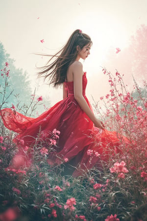 A mystical realm unfolds: a silhouette of a curious petite Asian girl with straight long hair with delicate features stands out against a radiant white background. She is wearing a long red traditional dress with flowy ends. She swirls with her dress capturing her movement. Flowers burst in the scene that mixes with the mystical landscape. A fantastical landscape, reminiscent of Studio Ghibli's whimsy, lies in the distance. Mix of flowers, and bamboo fills the periphery of the frame. Vibrant hues of emerald and amethyst dance in the forefront, as if illuminated by an ethereal glow. The composition is framed by a subtle double exposure effect, creating an enchanting atmosphere of depth and dimensionality.Auguste Renoir ~ Paul Peel ~ John Singer Sargent ~ Alexandre-Jacques Chantron ~ John William Godward ~ John William Waterhouse ~ Han-Wu Shen ~ Ishitaka Amano ~ Chakrapan Posayakrit ~ Kim Jung Gi ~ Kei Mieno ~ Ikushima Hiroshi ~ WLOP ~ William-Adolphe Bouguereau ~ Alphonse Mucha ~Luis Royo ~ Range Murata ~ Jock Sturges photography ~ David Hamillton photography ~ Rustic Sketchbook Style, Sketch Book, Hand Drawn, Dark, Gritty, Realistic Sketch, Rough Sketch, Mix of Bold Dark Lines and Loose Lines, Bold Lines, On Paper, Turnaround Character Sheet, Natural Light, Dynamic, Highly Detailed, Watercolor Painting, Watercolor Paper, Artstation, Concept Art, Smooth and Crisp, Sharp Focus, Illustration, Goth girl,sparkles