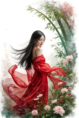 A mystical realm unfolds: a silhouette of a curious petite Asian girl with long black hair with delicate features stands out against a radiant white background. She is wearing a long red traditional dress with flowy ends. She swirls with her dress capturing her movement. She is looking down and smiling. Flowers burst in the scene that mixes with the mystical landscape. A fantastical landscape, reminiscent of Studio Ghibli's whimsy, lies in the distance. Bamboo forest fills the periphery of the frame. Vibrant hues of emerald and amethyst dance in the forefront, as if illuminated by an ethereal glow. The composition is framed by a subtle double exposure effect, creating an enchanting atmosphere of depth and dimensionality. There are splatter of paint in various colours around the frame, enhancing the abstract nature of the painting. Auguste Renoir ~ Paul Peel ~ John Singer Sargent ~ Alexandre-Jacques Chantron ~ John William Godward ~ John William Waterhouse ~ Han-Wu Shen ~ Ishitaka Amano ~ Chakrapan Posayakrit ~ Kim Jung Gi ~ Kei Mieno ~ Ikushima Hiroshi ~ WLOP ~ William-Adolphe Bouguereau ~ Alphonse Mucha ~Luis Royo ~ Range Murata ~ Jock Sturges photography ~ David Hamillton photography ~ Rustic Sketchbook Style, Sketch Book, Hand Drawn, Dark, Gritty, Realistic Sketch, Rough Sketch, Mix of Bold Dark Lines and Loose Lines, Bold Lines, On Paper, Turnaround Character Sheet, Natural Light, Dynamic, Highly Detailed, Watercolor Painting, Watercolor Paper, Artstation, Concept Art, Smooth and Crisp, Sharp Focus, Illustration, Goth girl,sparkles