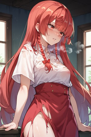 score_9, score_8_up, score_7_up, score_6_up, source_anime, rating_explicit, 1girl,vary long hair, heavy breathing, breath, red hair, red eyes, braid, torn dress