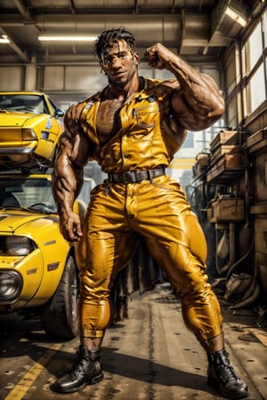 Close-up shot of a mechanic dressed in an orange jumpsuit, crouched beside a vintage Ford GT, covered in streaks of grease and grime. His hands move deftly as he tinkers with the engine, his focus intense. The camera captures the rusty patina of the car's exterior, the worn leather seats, and the chrome accents, while the mechanic's jumpsuit stands out like a burst of citrus amidst the industrial backdrop.