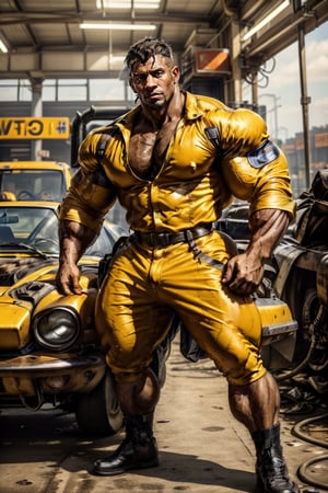 Close-up shot of a mechanic dressed in an orange jumpsuit, crouched beside a vintage Ford GT, covered in streaks of grease and grime. His hands move deftly as he tinkers with the engine, his focus intense. The camera captures the rusty patina of the car's exterior, the worn leather seats, and the chrome accents, while the mechanic's jumpsuit stands out like a burst of citrus amidst the industrial backdrop.