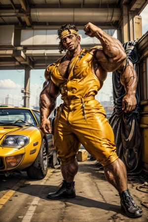 Close-up shot of a mechanic dressed in an orange jumpsuit, crouched beside a vintage Ford GT, covered in streaks of grease and grime. His hands move deftly as he tinkers with the engine, his focus intense. The camera captures the rusty patina of the car's exterior, the worn leather seats, and the chrome accents, while the mechanic's jumpsuit stands out like a burst of citrus amidst the industrial backdrop.,wasabi_no_ginger