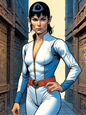 art by Moebius and John Romita, A Serious female martial artist in a dungeon, elf, short and slim, delicate features, finely chiseled features, Dark Grey eyes, Blue-Black hair, high cheekbones, pointed ears, bright white clothing,comic book