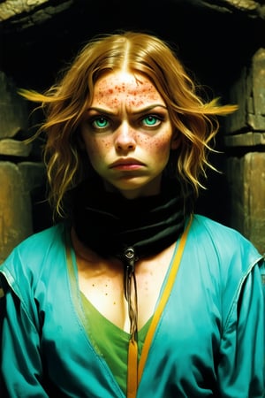 score_9, score_8_up, score_7_up, (score_9:1.1), (score_8:1.1), from front, 

art by paolo roversi and Frank Miller, A Frowning female thief, hobbit, Blue eyes, Light Brown hair, ruddy skin , eyes set close together, Freckles, Blunt nose, colorful clothing,  in a dungeon
