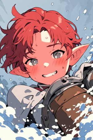 A Cold male cleric human with Steel-Gray eyes, Red hair, Fair skin, Small Ears, Large Jaw, Overbite and Monolid, in a dungeon