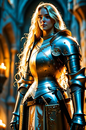 A towering female knight stands triumphant within a dimly lit dungeon. Her radiant blonde locks cascade down her back like a river of gold as she smiles warmly, her piercing blue eyes sparkling with inner light. Fair skin glows softly amidst the darkness. Enshrined in gleaming armor, she towers above 8 feet tall, an imposing figure commanding respect and awe.