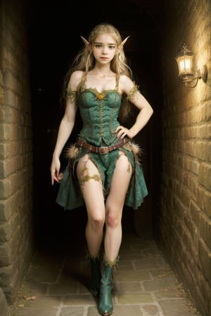 full body art by tim Burton and boris vallejo in a dungeon, A Frowning female holym half-elf with Light green eyes, Honey Blond hair, Fair skin, Facial Scar, and Large Teeth, 