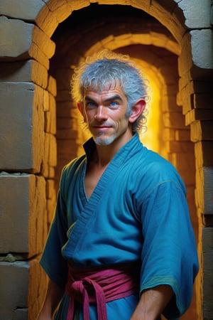 score_9, score_8_up, score_7_up, (score_9:1.1), (score_8:1.1), from front, 
art by Phillippe Druillet and klimt: Amused, male, martial artist, halfling, colorful clothing, Blue eyes, Gray hair, Fair skin, in a dungeon