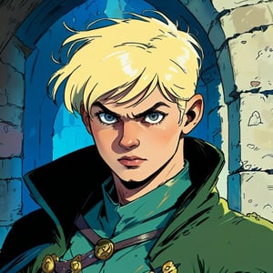 art by Mike Mignola in the style of david hamilton, A Neutral male fighter, half-elf with Jet black eyes, Light Blond hair, Fair skin, Round Face, Round Face and Eyes set Close Together, in a dungeon,kidz