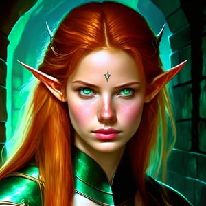 art by jock sturges and paolo roversi, An Aloof female half-elf paladin with Bright emerald eyes, copper hair, Pale skin, Small Jaw, Soft Features and Full Lips, in a dungeon