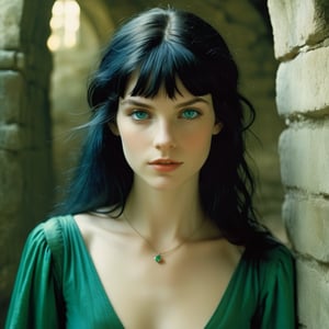 art by jock sturges in the style of david hamilton, A Neutral female magician, half-elf with Bright emerald eyes, Blue-Black hair, Pale skin, and Overbite, in a dungeon